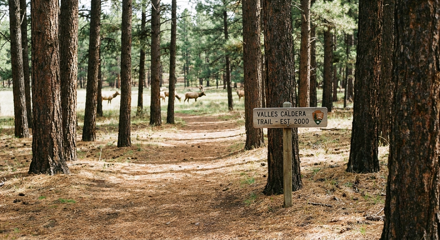 A real photograph of a soft, needle-covered path winding through a quiet pine grove at Valles Caldera, with filtered sunlight and a simple trail sign nearby