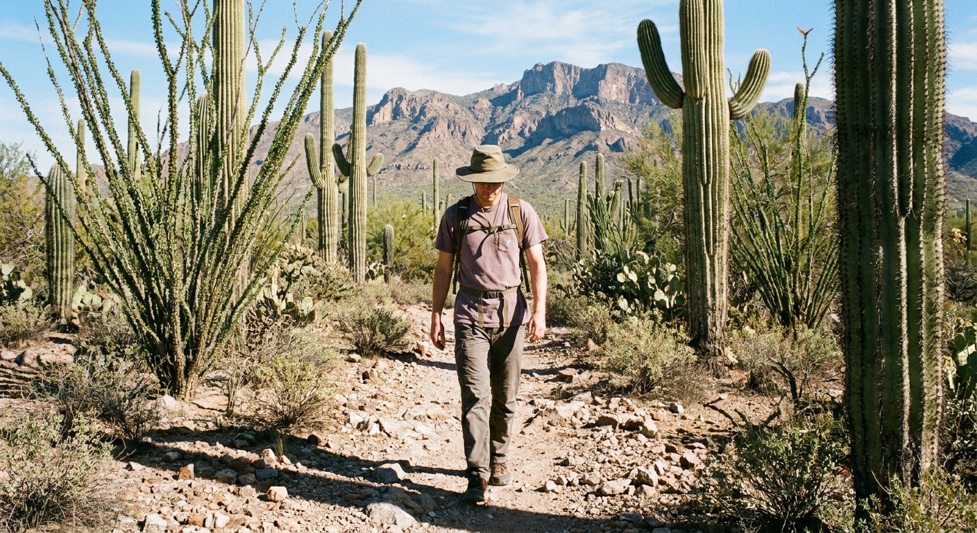 A real photograph of a solo hiker wearing a wide-brim hat and carrying a small daypack while walking on a desert trail among saguaros in Ironwood Forest National Monument under bright sunlight