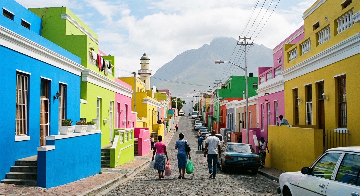A real photograph of a steep street in Bo-Kaap with colorful houses on both sides, a few pedestrians walking uphill, and Table Mountain faintly visible in the distance