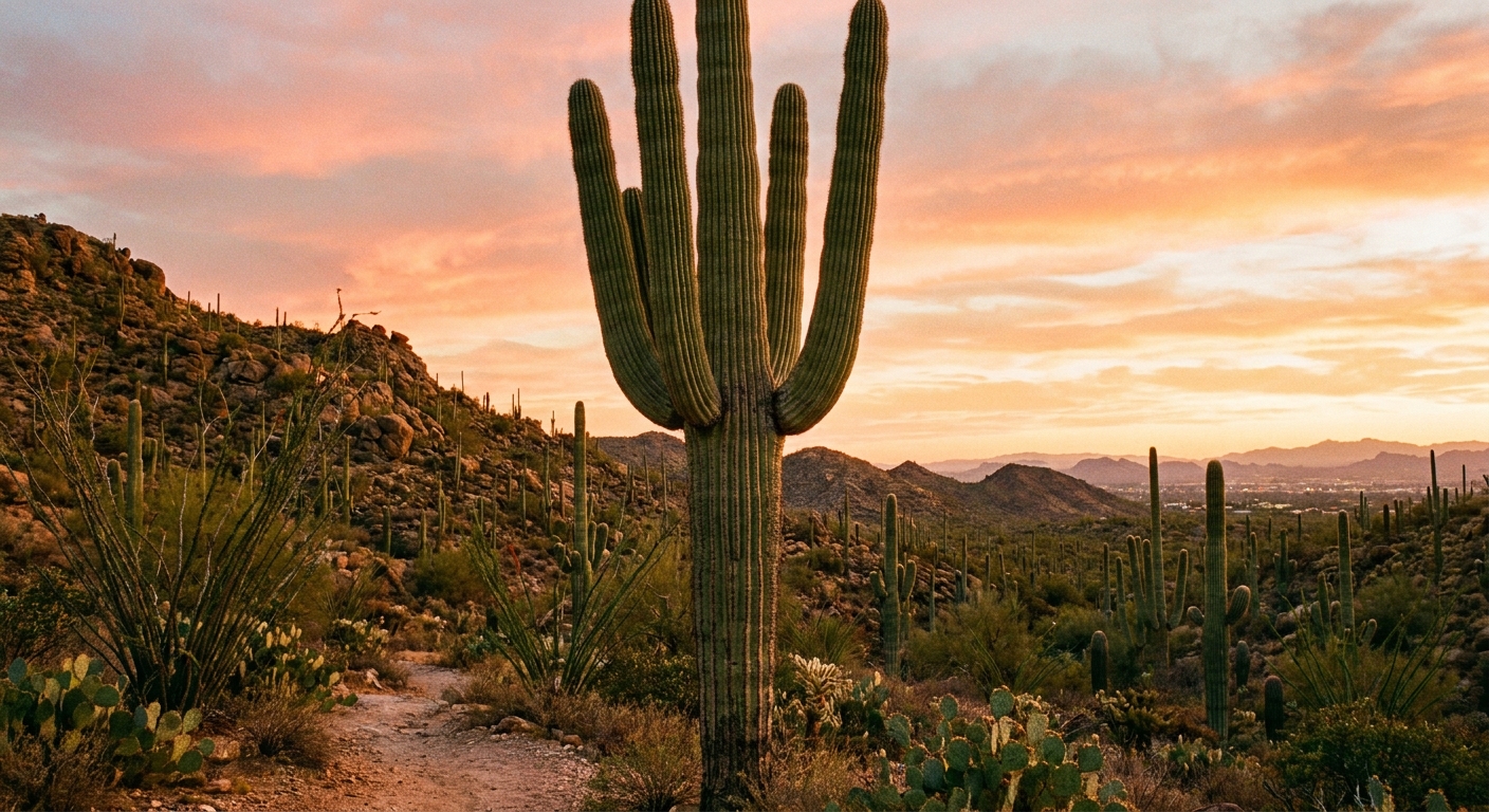 A real photograph of a tall saguaro cactus in the foreground with rocky desert hills and a warm golden sunset sky in Saguaro National Park near Tucson