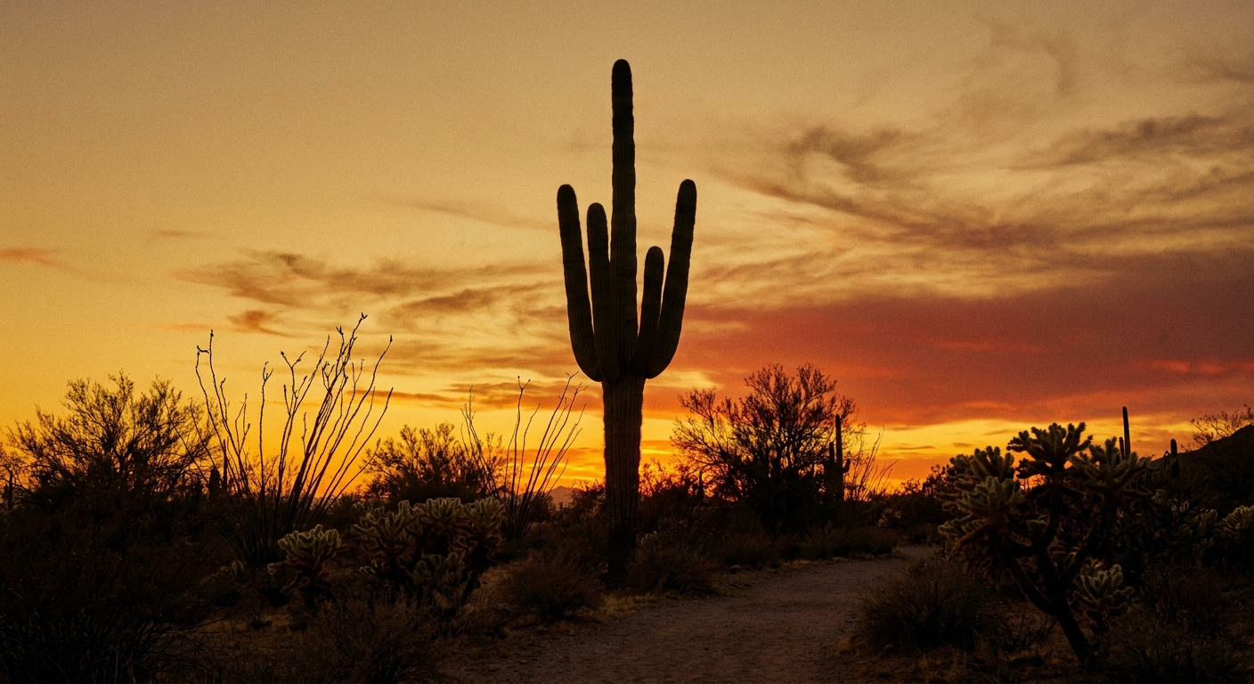 A real photograph of a tall saguaro cactus silhouetted against a warm golden-hour sky in Saguaro National Park's Tucson Mountain District, with low desert shrubs in the foreground