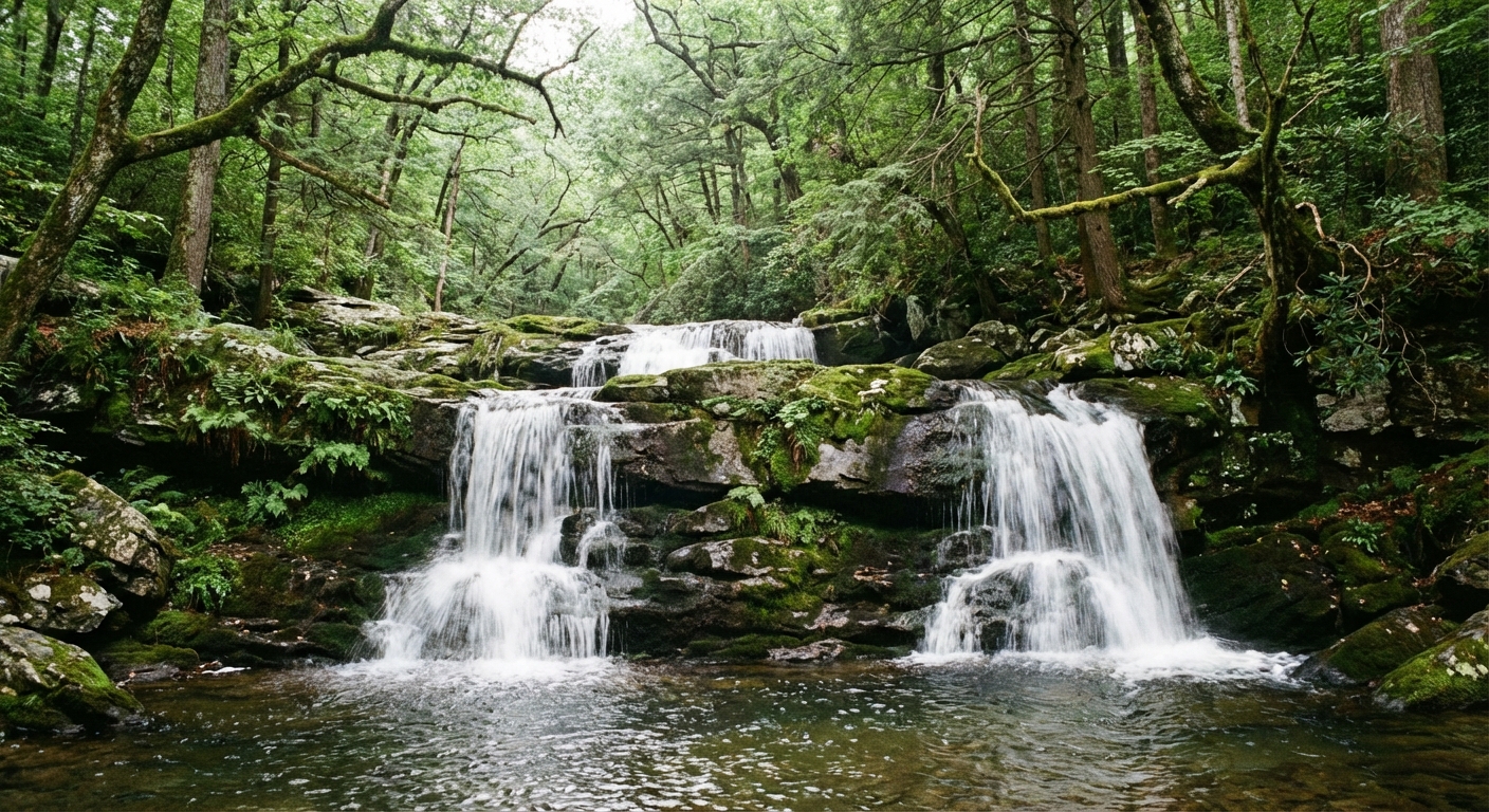 A real photograph of a tall waterfall in Whiteoak Canyon in Shenandoah National Park, with water spilling over dark rock ledges into a small pool surrounded by mossy forest