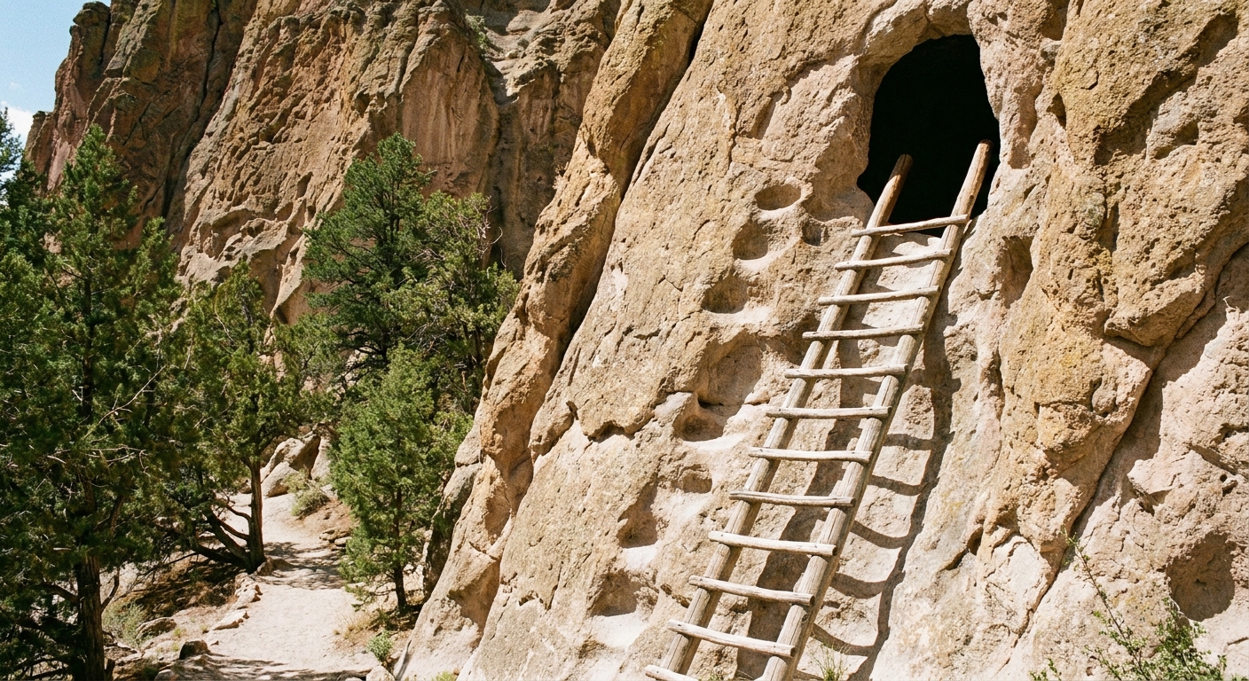 A real photograph of a tall wooden ladder leaning against a tan volcanic tuff cliff at Bandelier, leading up to a cave-like opening with worn handholds and a sandy trail below