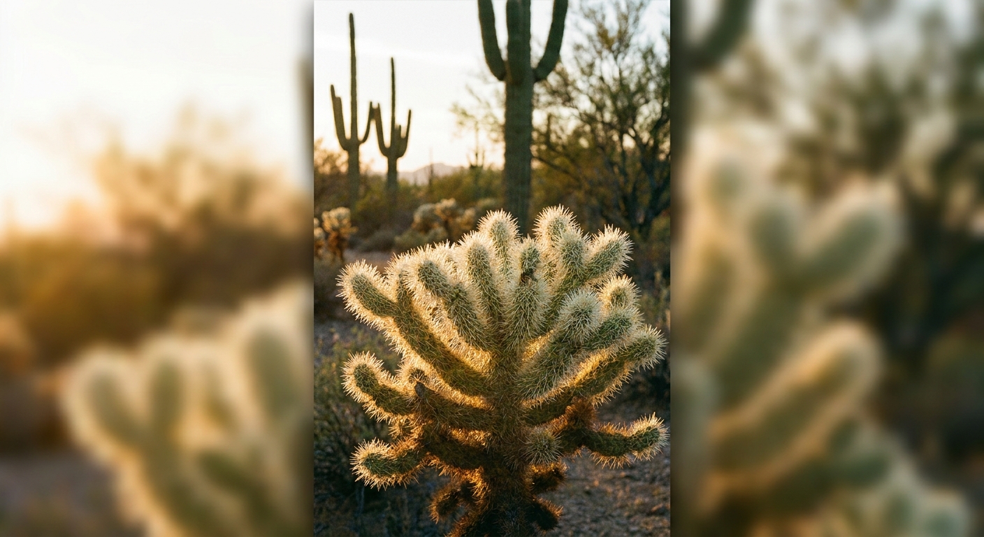 A real photograph of a teddy-bear cholla cactus in Ironwood Forest National Monument with sunlight glowing through its spines and distant saguaros in soft focus