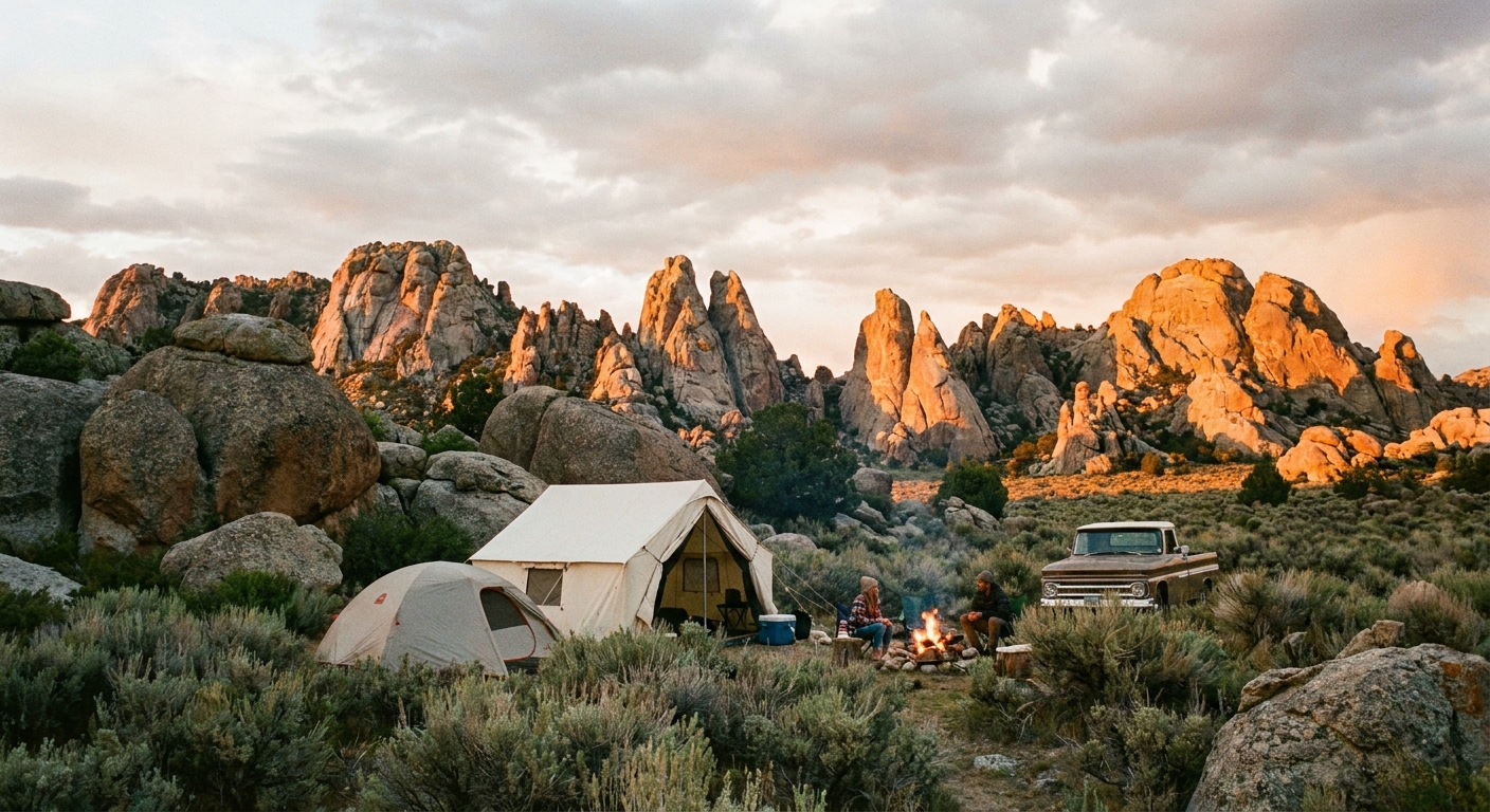 A real photograph of a tent campsite at City of Rocks National Reserve with tall granite spires in the background and warm sunset light