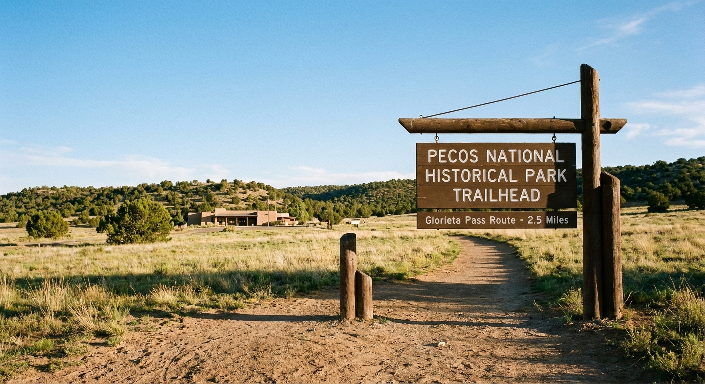 A real photograph of a trailhead sign near the Pecos National Historical Park visitor center with a packed dirt path leading into open grassland and low hills
