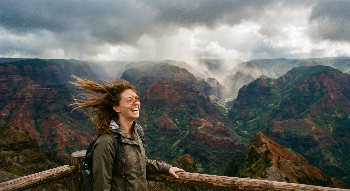A real photograph of a traveler standing at a Waimea Canyon lookout on a windy day, hair blown sideways, with dramatic ridges and clouds behind