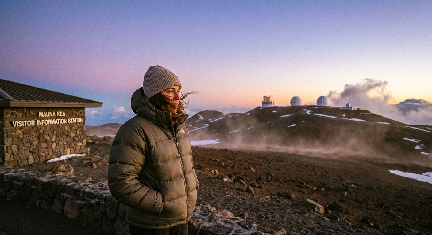A real photograph of a traveler wearing a puffy jacket and beanie near the Mauna Kea Visitor Information Station at dusk, with windblown volcanic terrain behind them