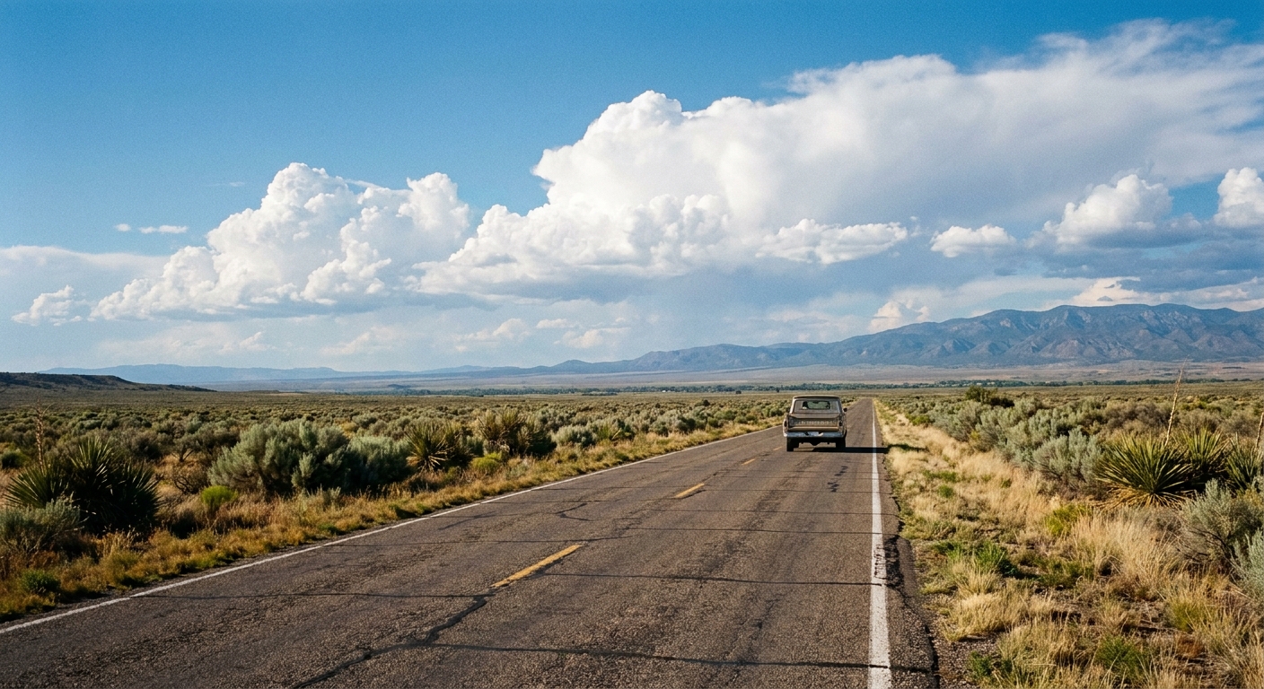 A real photograph of a two-lane New Mexico highway near Socorro cutting through open high desert with distant mountains and a bright afternoon sky