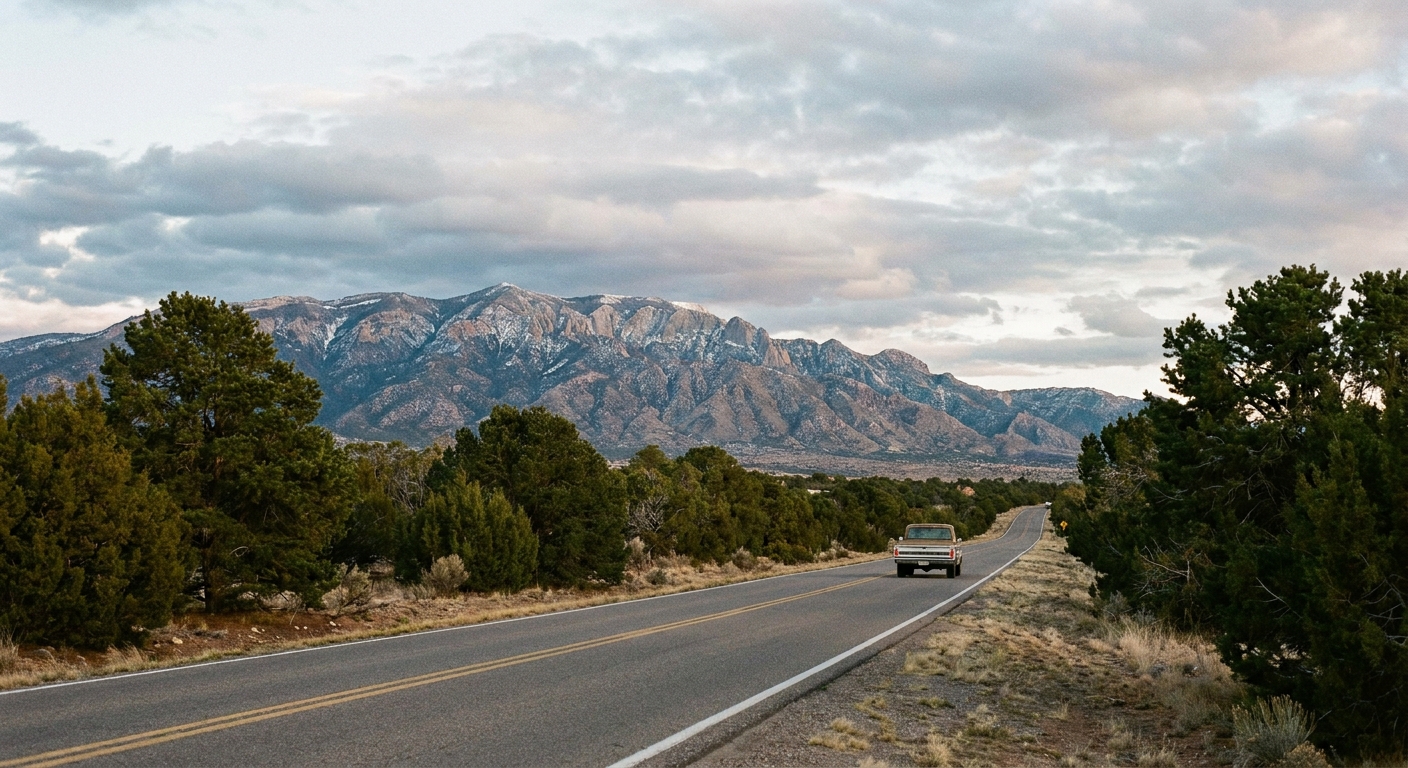 A real photograph of a two-lane highway on the Turquoise Trail with piñon and juniper in the foreground and the Sandia Mountains under a wide New Mexico sky