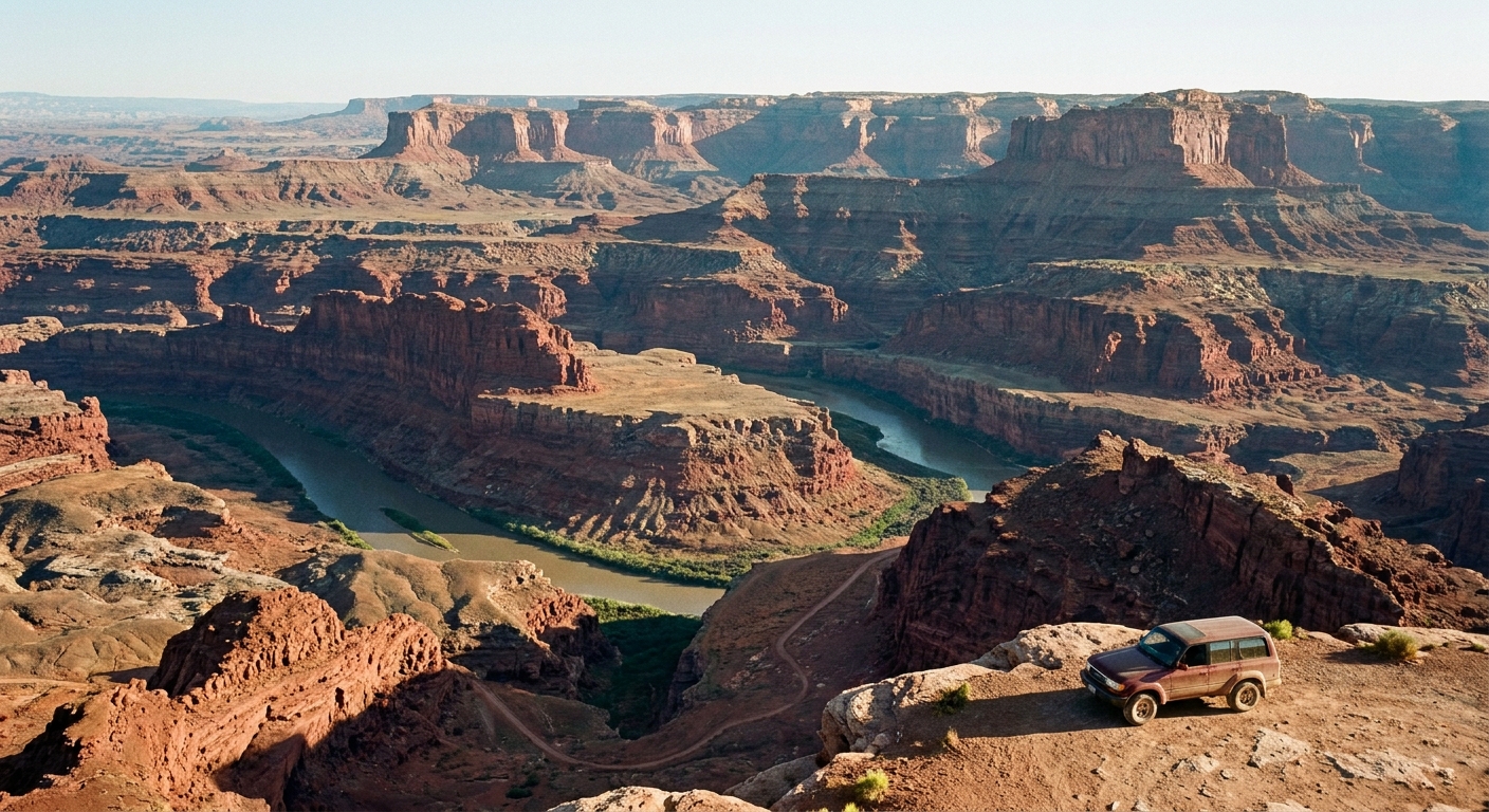 A real photograph of a viewpoint along White Rim Road looking down toward the Colorado River, with steep red rock walls and a narrow strip of water far below in clear afternoon light