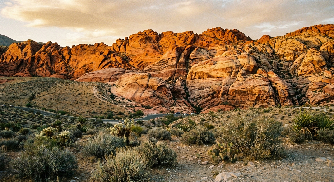 A real photograph of a viewpoint along the Red Rock Canyon Scenic Drive in Nevada, with layered red sandstone cliffs glowing in late afternoon light and desert shrubs in the foreground