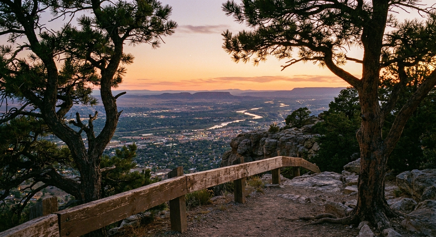 A real photograph of a viewpoint near Sandia Crest looking down over Albuquerque and the Rio Grande valley, with pine trees framing the scene