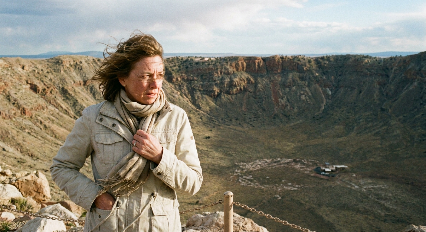 A real photograph of a visitor standing near the Meteor Crater rim bundled in a light jacket, with wind-tousled clothing and the crater visible behind them