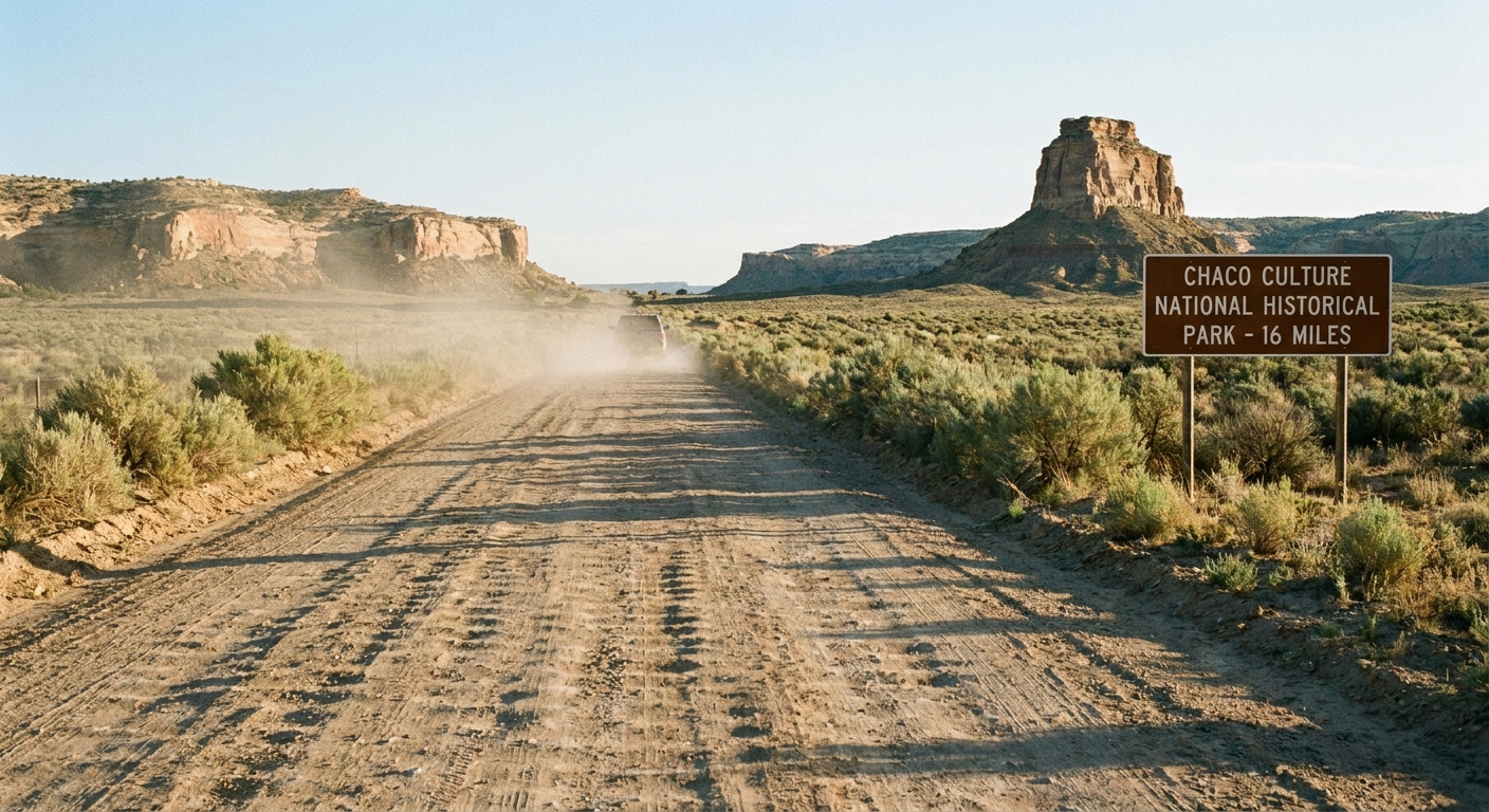 A real photograph of a washboarded dirt road leading toward Chaco Culture National Historical Park with dust hanging behind a vehicle in the distance