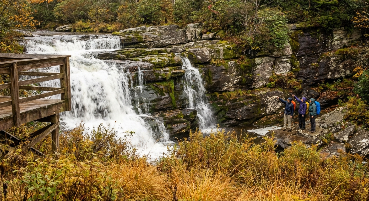 A real photograph of a waterfall at Graveyard Fields with water tumbling over dark rocks, golden grasses in the foreground, and hikers standing at a safe distance for scale