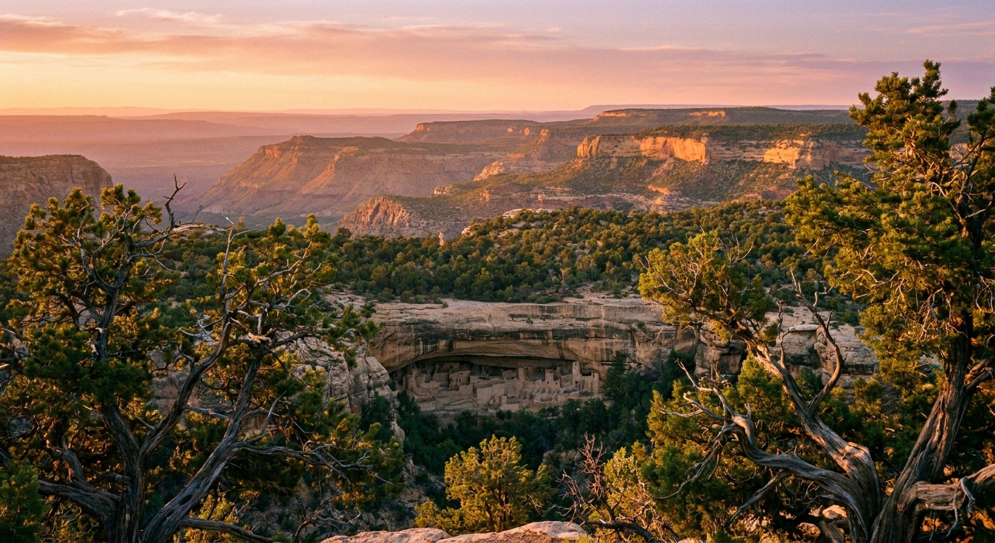 A real photograph of a wide canyon overlook at Mesa Verde National Park at sunset, with layered mesas fading into the distance and pinyon-juniper trees framing the foreground