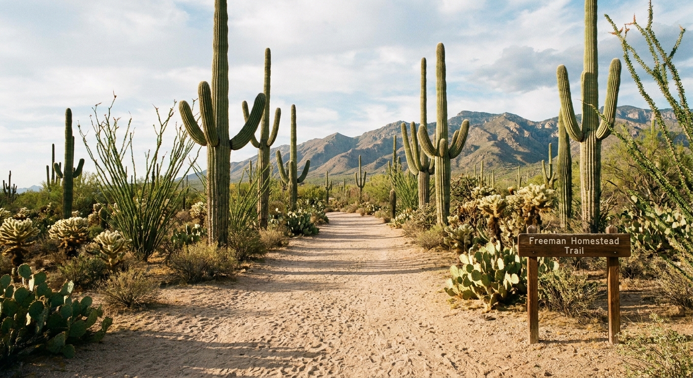 A real photograph of a wide desert trail lined with tall saguaro cacti on the Freeman Homestead Trail in Saguaro National Park East