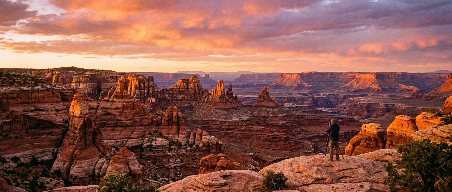 A real photograph of a wide desert viewpoint in Canyonlands Needles District at sunset, with layered red rock formations and distant mesas under warm orange light