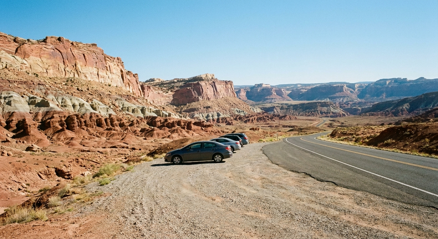 A real photograph of a wide desert vista in Capitol Reef seen from a Route 24 pullout with layered red and tan rock formations under high clear light