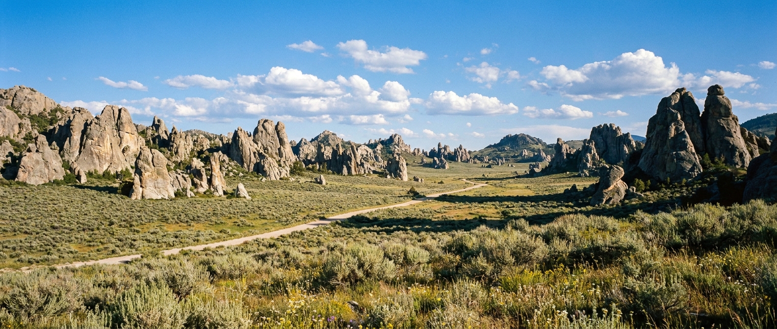 A real photograph of a wide landscape view in City of Rocks National Reserve showing multiple granite spires rising from sagebrush plains under a bright blue sky