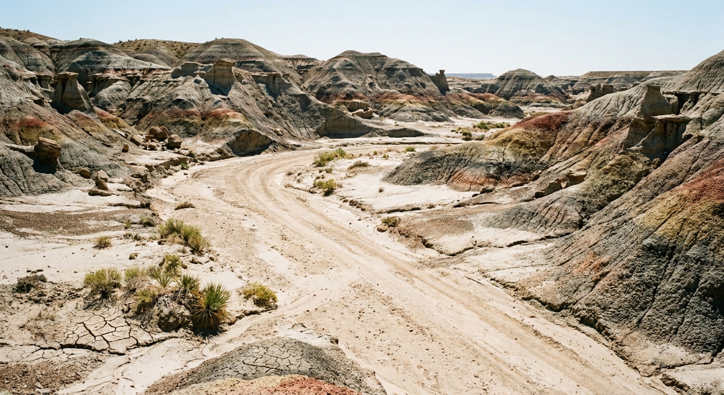 A real photograph of a wide sandy wash in the Bisti Badlands with low eroded hills on both sides under harsh midday light