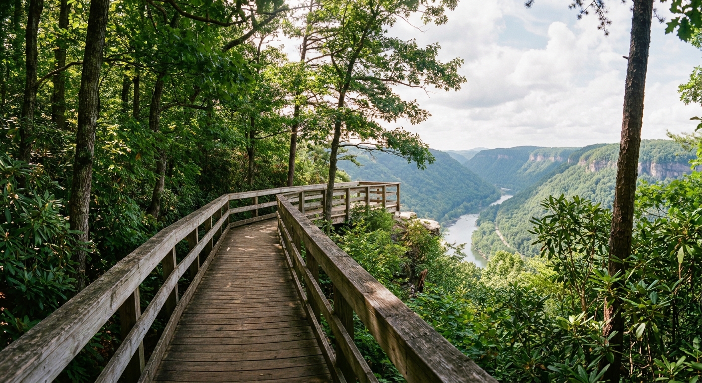 A real photograph of a wooden boardwalk path at Canyon Rim with green forest around it and a distant view into the New River Gorge