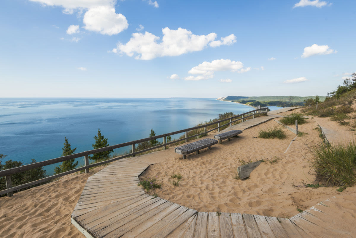 A real photograph of a wooden boardwalk section on the Empire Bluff Trail cutting through green forest with morning light filtering through leaves