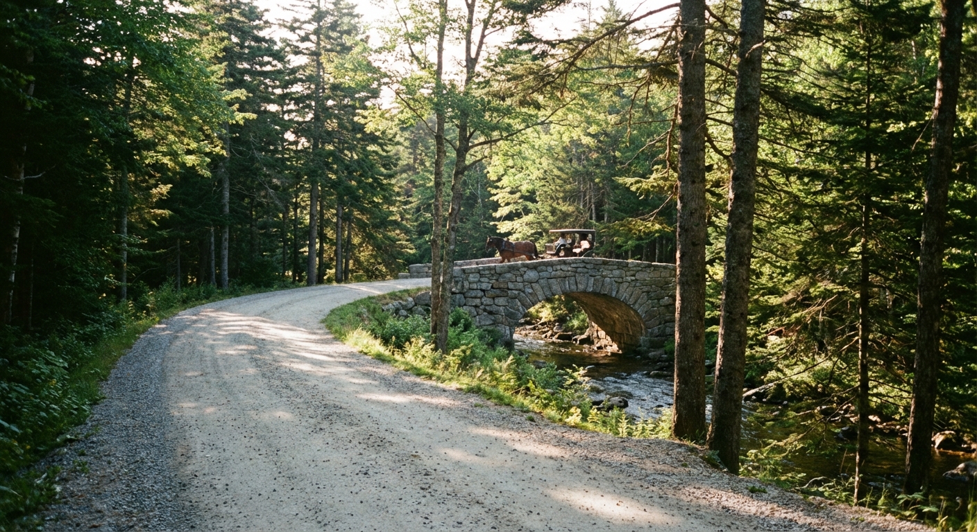 A real photograph of an Acadia National Park carriage road with a light gravel path curving through evergreen forest, a rustic stone bridge ahead, and soft afternoon light filtering through trees