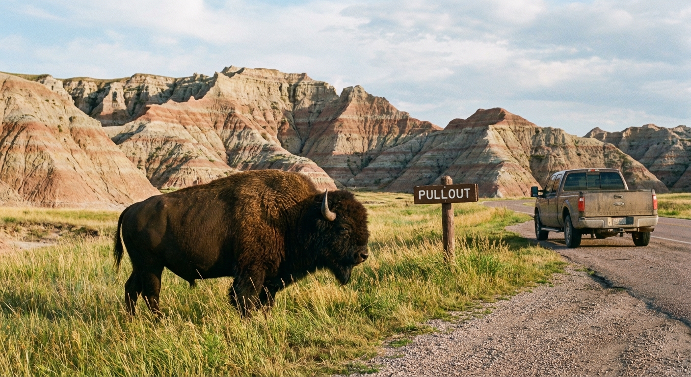 A real photograph of an American bison standing in prairie grass near a Badlands National Park road pullout, with layered rock formations in the background