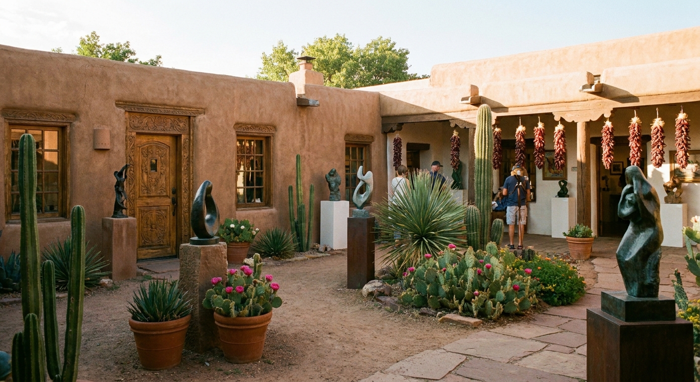 A real photograph of an adobe gallery courtyard on Canyon Road in Santa Fe with wooden doors, desert plants, and sculptures in warm afternoon light