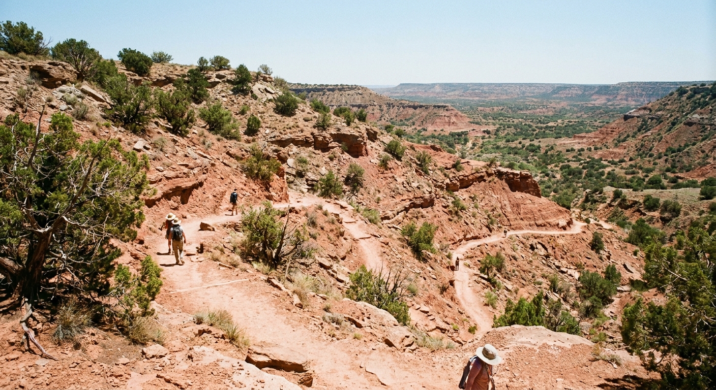 A real photograph of an exposed Palo Duro Canyon hiking trail under harsh midday sun, with sparse scrub, dusty switchbacks, and minimal shade