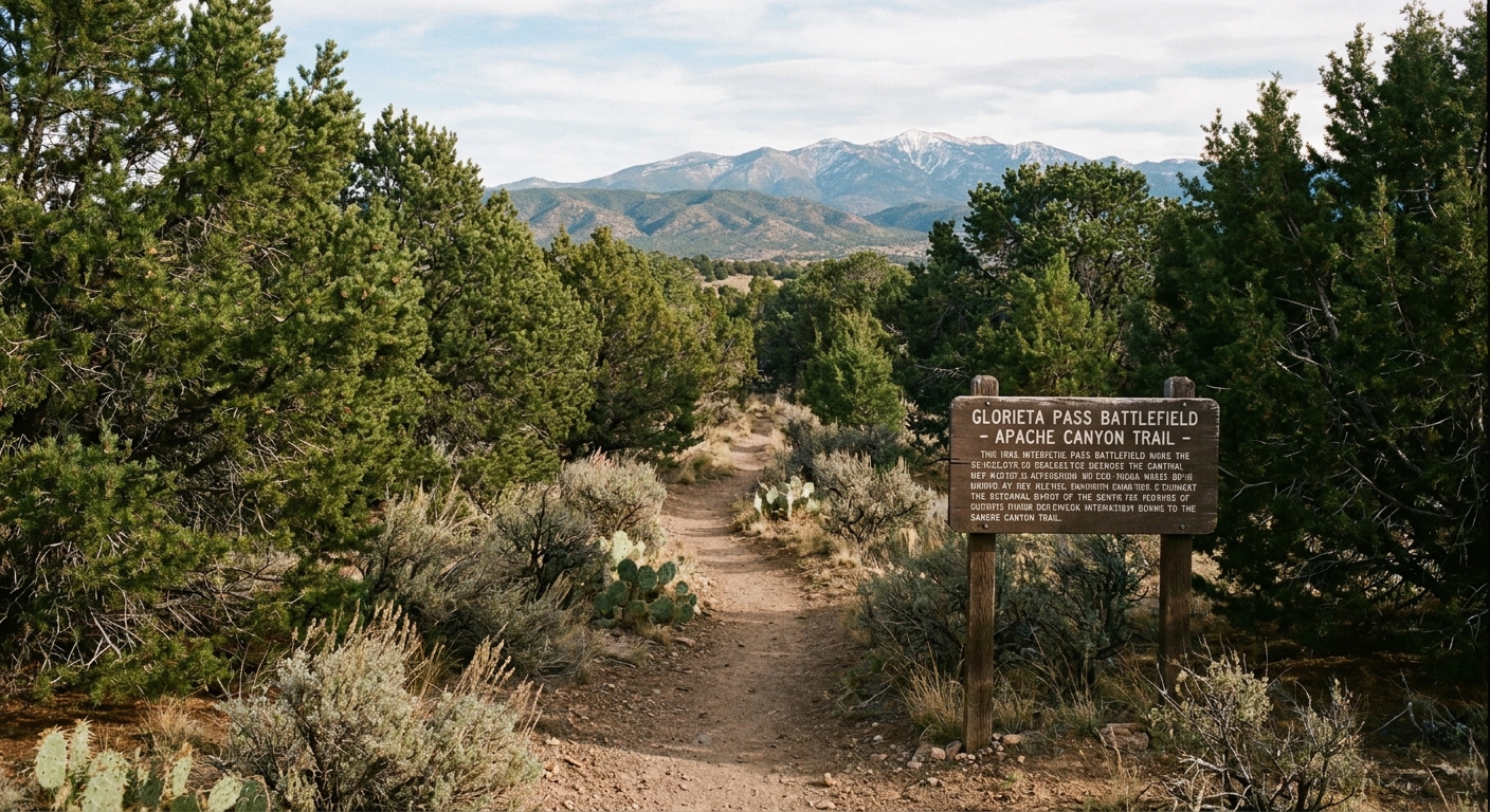 A real photograph of an interpretive trail at Glorieta Pass Battlefield with a narrow path through juniper and piñon, and a distant view of the Sangre de Cristo foothills