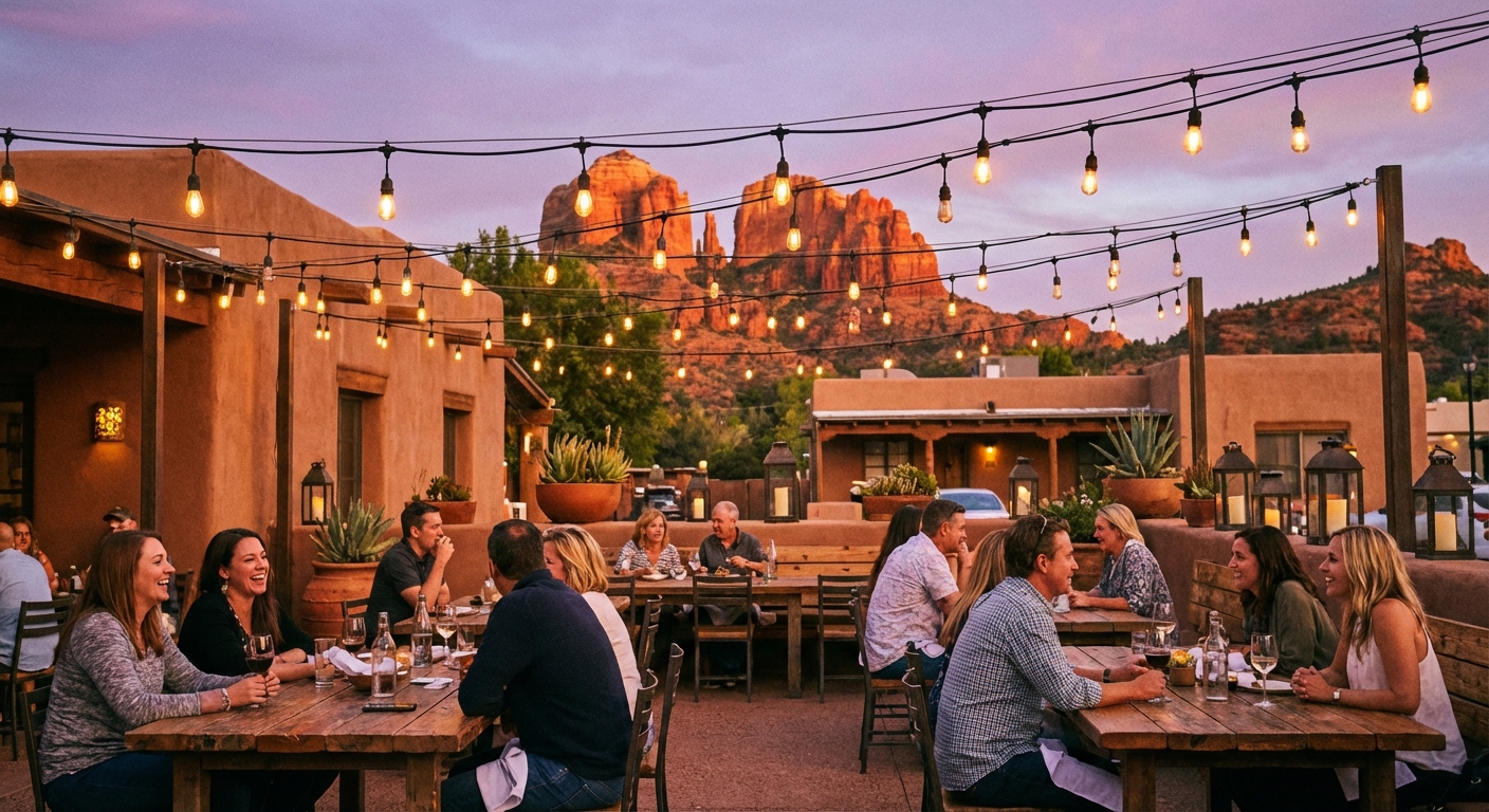 A real photograph of an outdoor restaurant patio in downtown Sedona at dusk with string lights overhead, red rock cliffs in the distance, diners seated at tables, and warm ambient lighting, lifestyle travel photography
