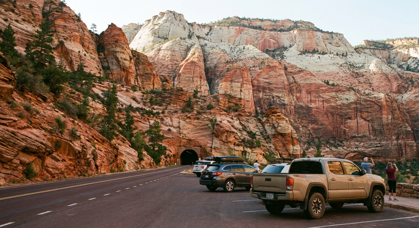A real photograph of cars parked in a small roadside pullout just east of the Zion Mount Carmel Tunnel on UT-9, with sandstone cliffs rising above