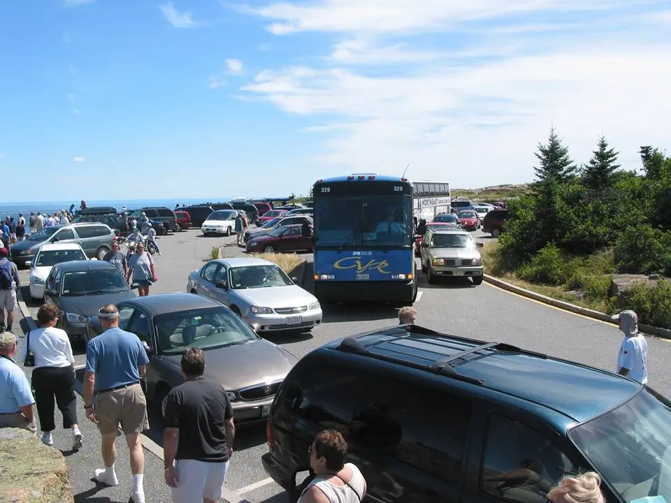 A real photograph of cars slowly winding up Cadillac Summit Road before dawn, headlights tracing the road with dark spruce forest on both sides