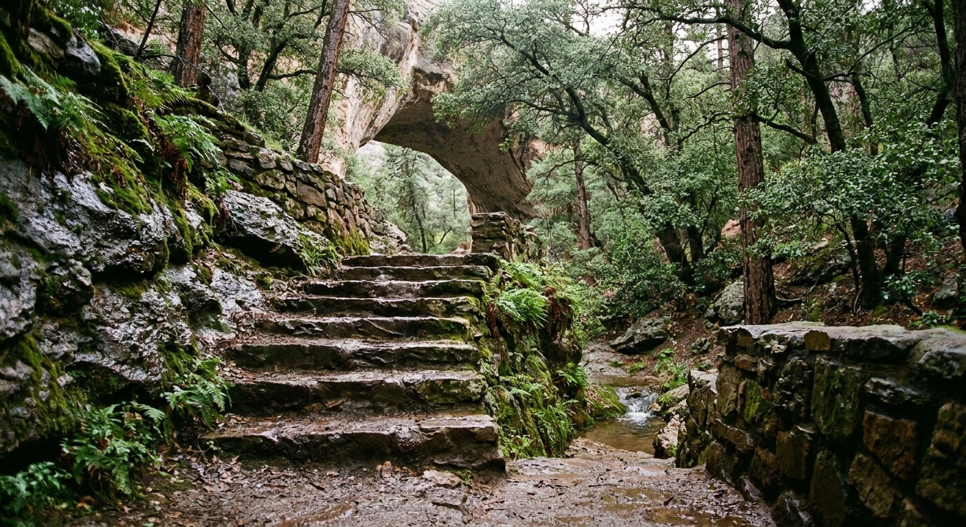 A real photograph of damp stone steps on a shaded trail in Tonto Natural Bridge State Park with water-darkened rock surfaces