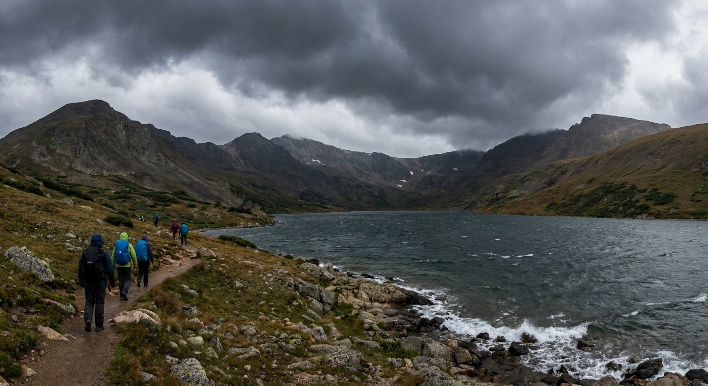 A real photograph of dark clouds moving over the Iceberg Lake basin with hikers on the trail below and wind-ruffled water near the shoreline