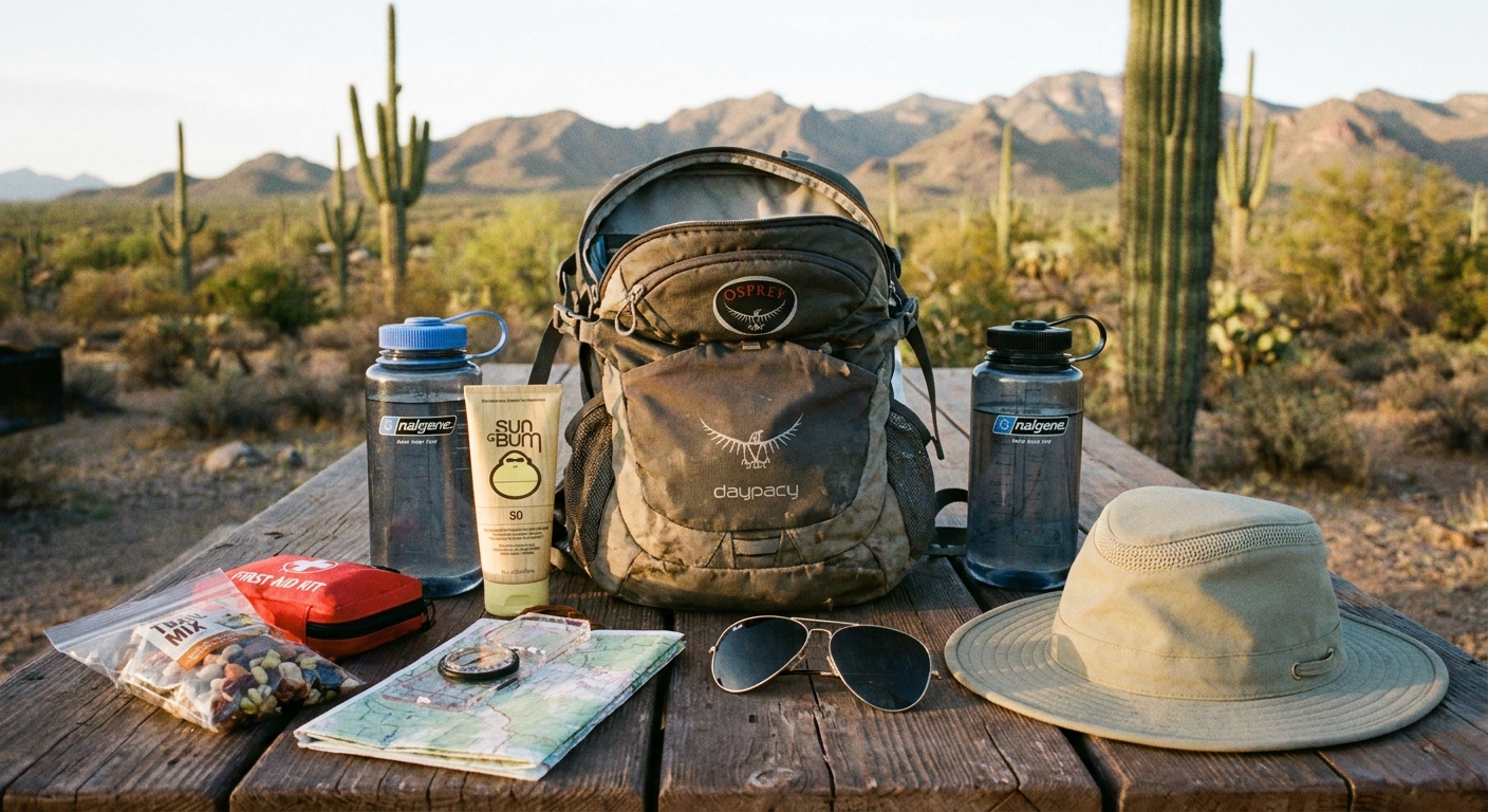A real photograph of desert hiking essentials laid out on a picnic table, including a daypack, water bottles, sunscreen, sunglasses, and a wide-brim hat