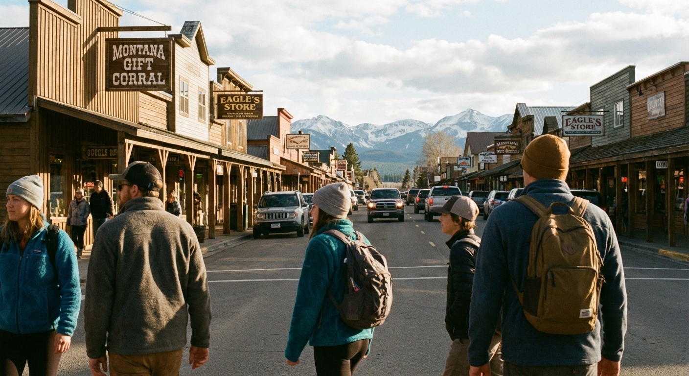 A real photograph of downtown West Yellowstone with low-rise storefronts, pedestrians in outdoor clothes, mountains in the distance, and late afternoon light, travel street photography