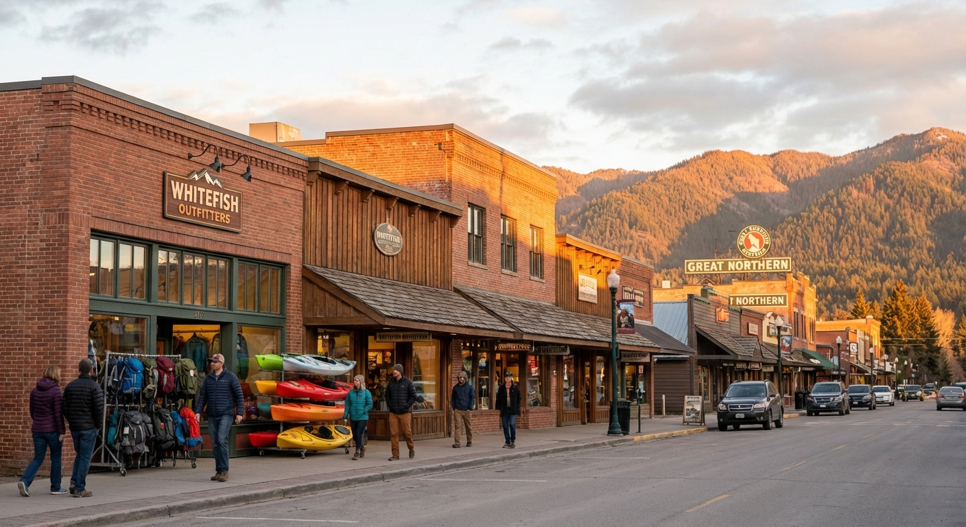 A real photograph of downtown Whitefish, Montana with low-rise storefronts, people walking past outdoor gear shops, and evergreen-covered mountains under soft golden evening light