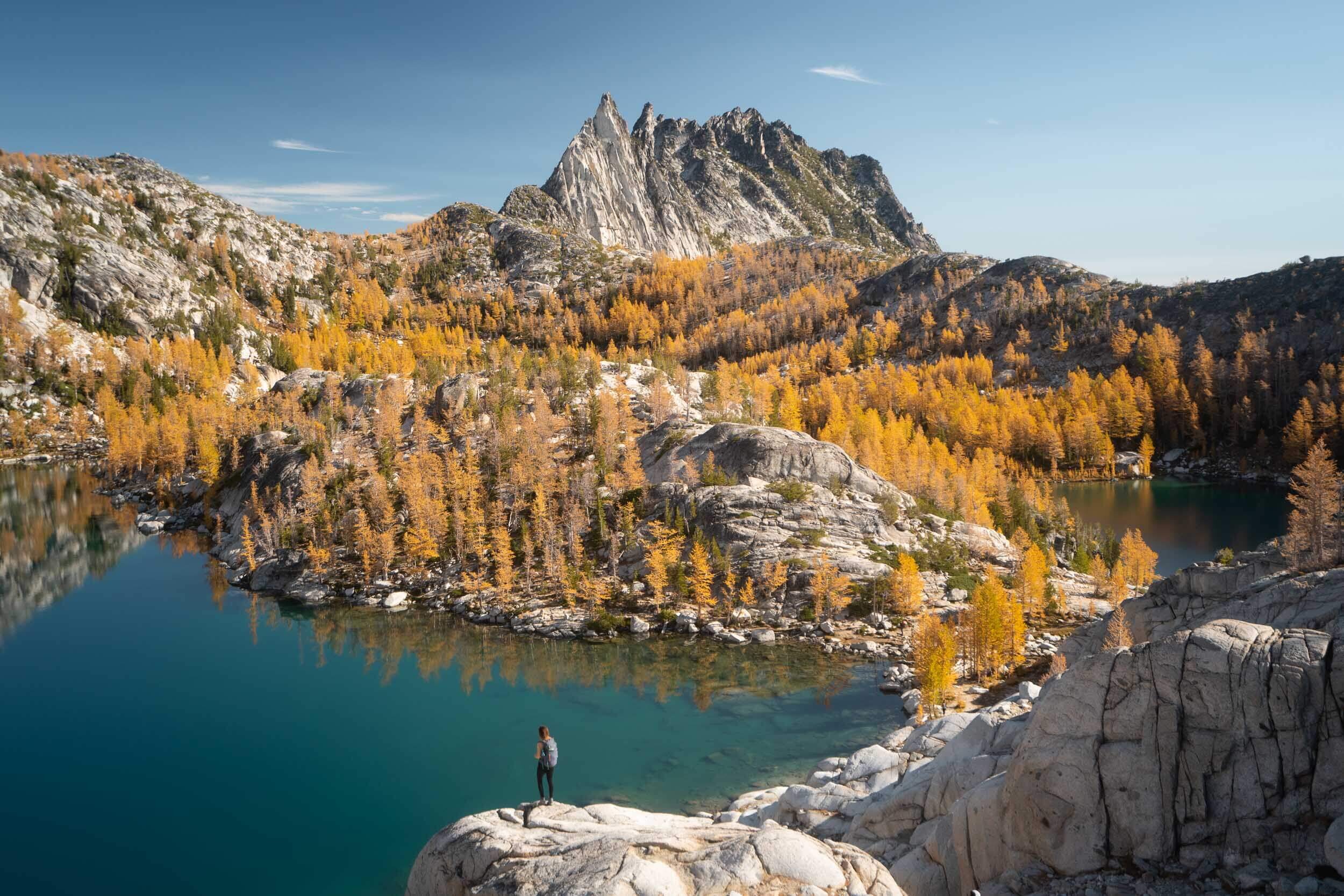 A real photograph of golden larch trees lining a clear alpine lake near Perfection Lake in Washington, with granite peaks reflected in the calm water