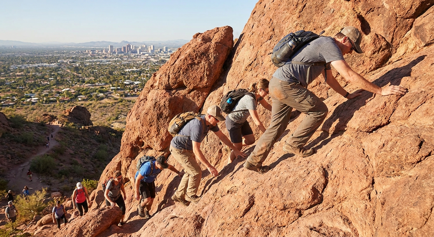A real photograph of hikers climbing a steep rocky scramble section on Camelback Mountain in Phoenix, wearing daypacks and using hands for balance