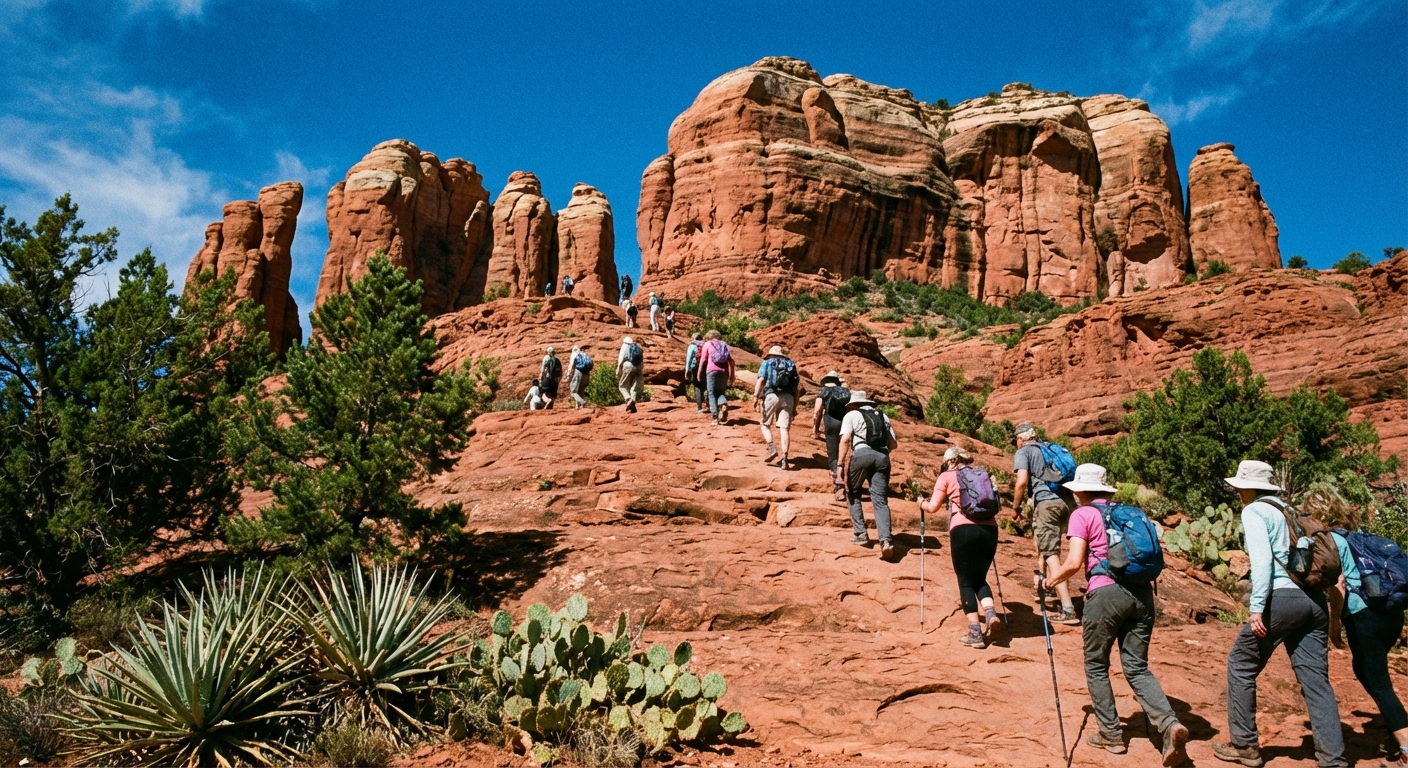 A real photograph of hikers climbing the steep red slickrock trail toward Cathedral Rock in Sedona, with blue sky overhead and desert vegetation along the route, candid outdoor travel photography