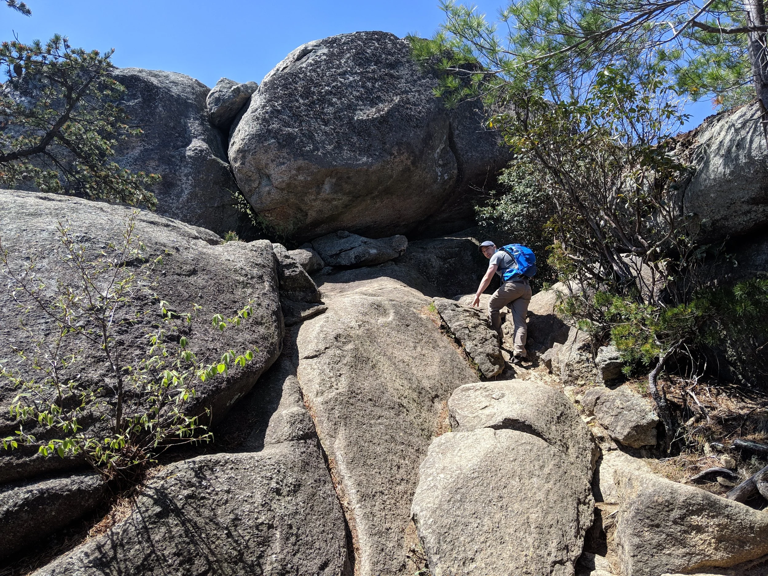 A real photograph of hikers climbing through the narrow rock scramble section on Old Rag Mountain in Shenandoah National Park, with large granite boulders and dappled forest light