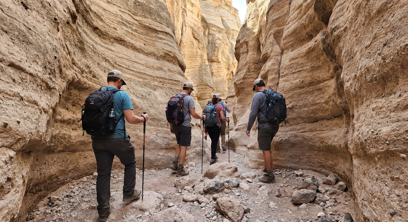 A real photograph of hikers navigating a narrow passage in the slot canyon at Kasha-Katuwe Tent Rocks, walking carefully on uneven rocky ground with tall tan walls on both sides