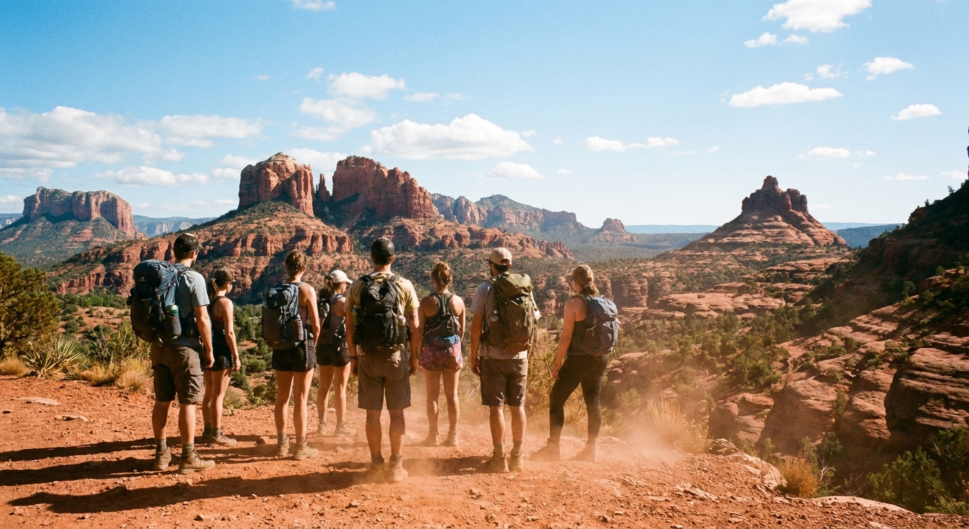 A real photograph of hikers on a dusty trail overlooking Sedona red rock buttes under a bright blue sky
