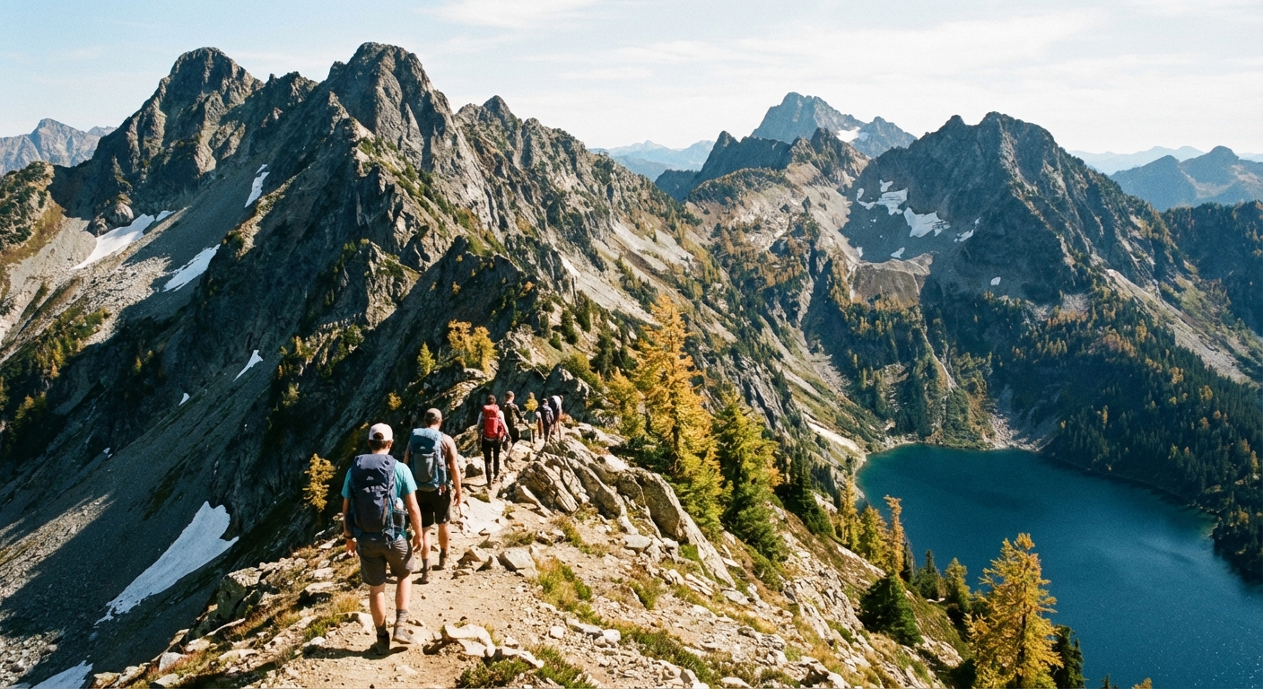 A real photograph of hikers on a narrow alpine ridge on Maple Pass Loop with rocky peaks and a blue lake far below in late summer