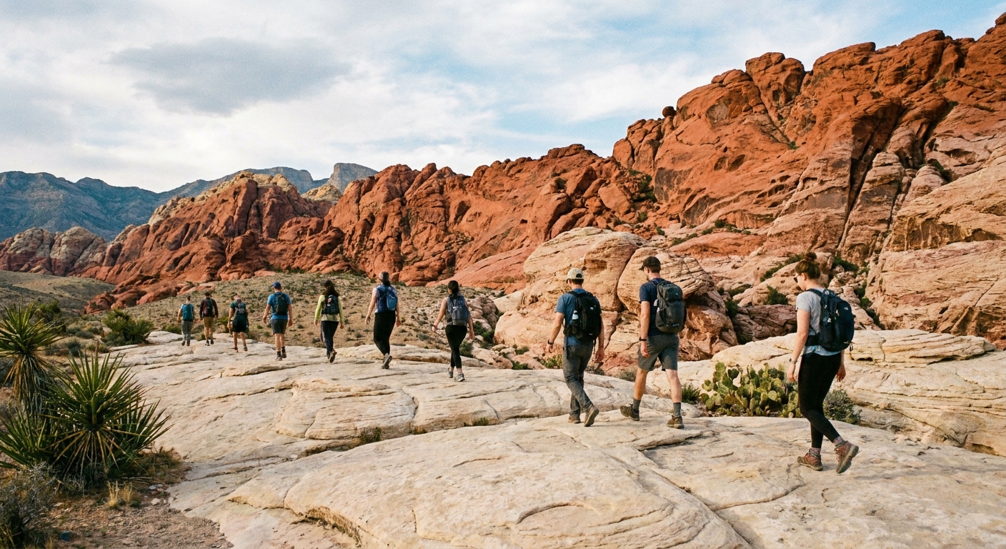 A real photograph of hikers on the Calico Tanks trail in Red Rock Canyon, Nevada, walking across pale sandstone with vivid red cliffs rising behind them