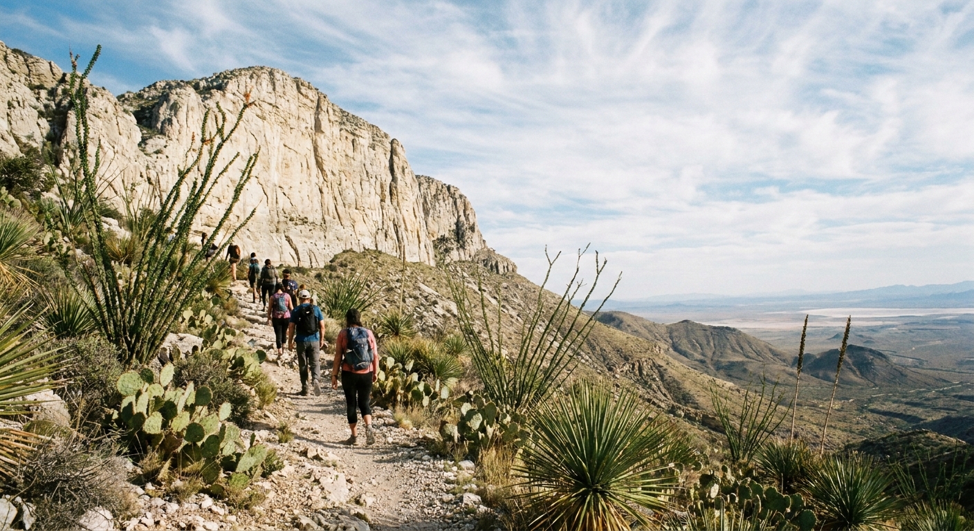 A real photograph of hikers on the Guadalupe Peak Trail with a pale limestone ridge, scrubby desert plants, and a wide West Texas sky